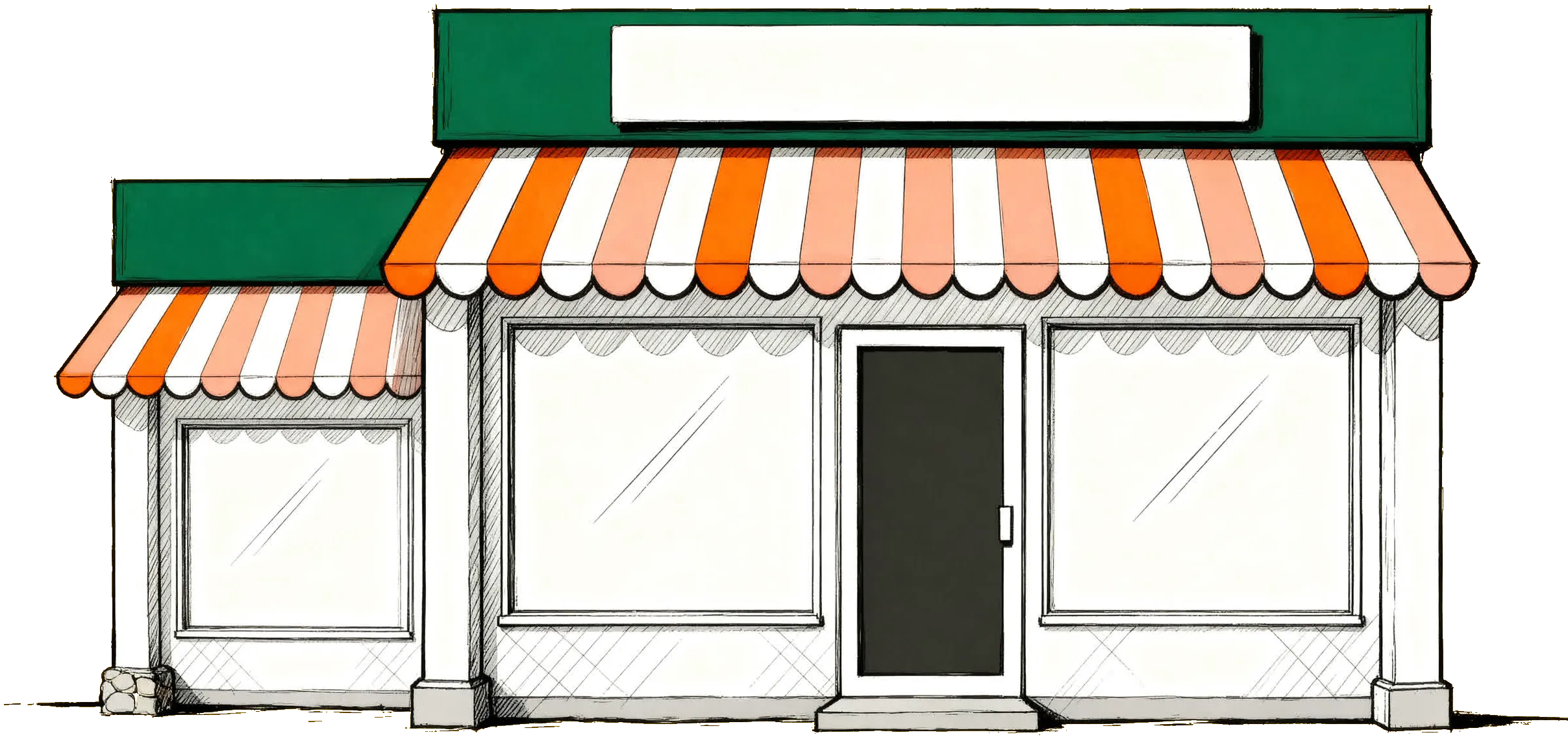 A sketched local shopfront with a striped awning, two display windows and automatic glass doors.